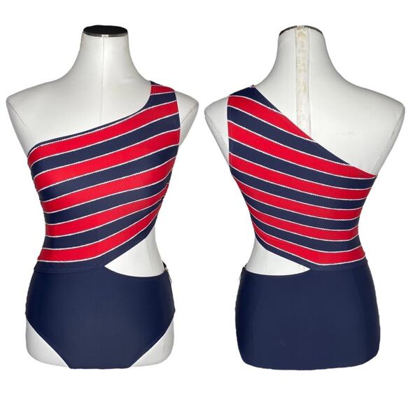 Michael Kors Rope Rugby Stripe One Shoulder Cut Out One-Piece Swimsuit - Picture 2 of 13